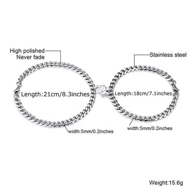 'FEEL MAGNETIZED ' Couples Stainless Steel Miami Cuban Link 2pc Bracelet Set